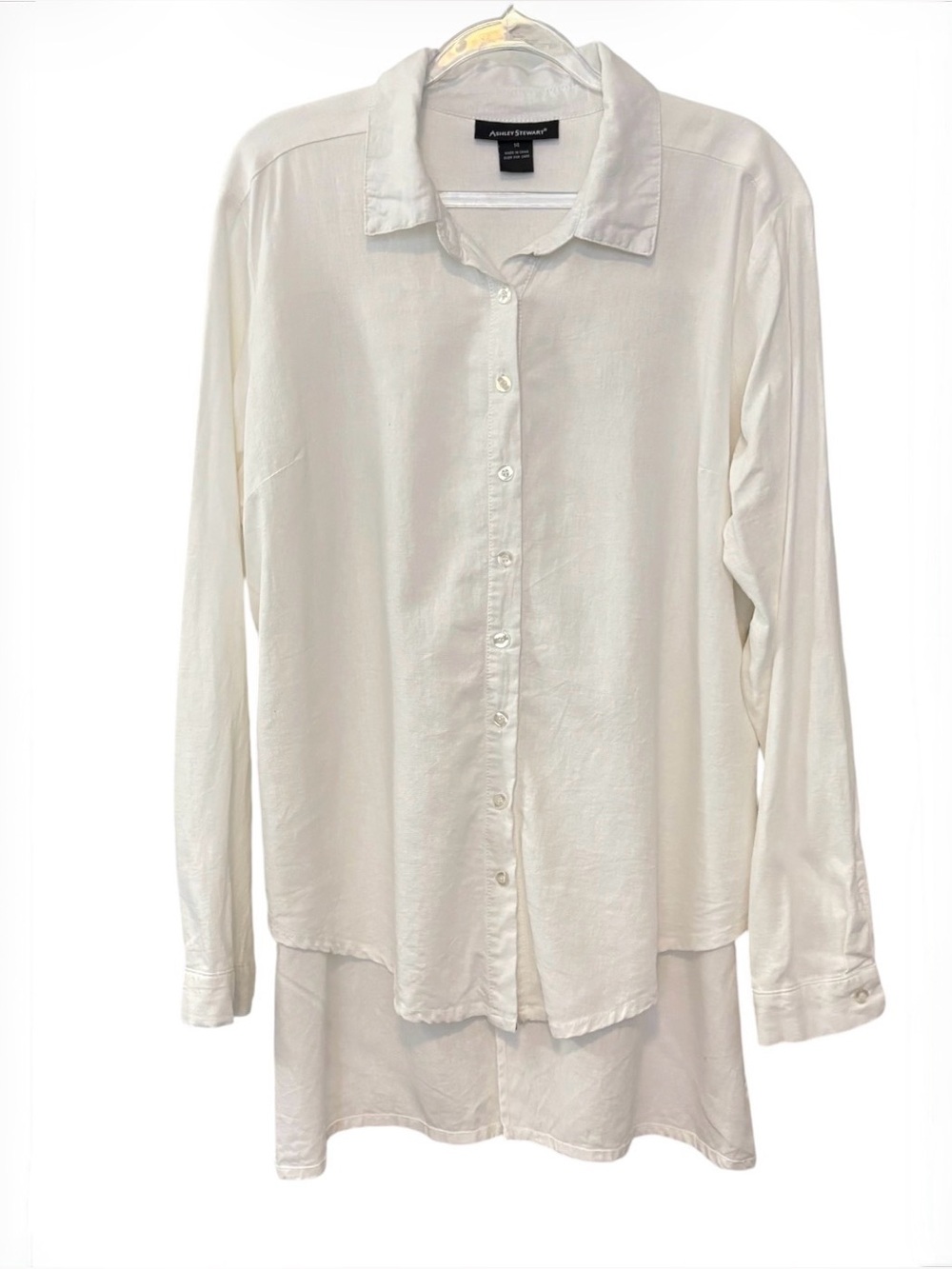 Ashley Stewart High Low Button Up Linen Blend Shirt